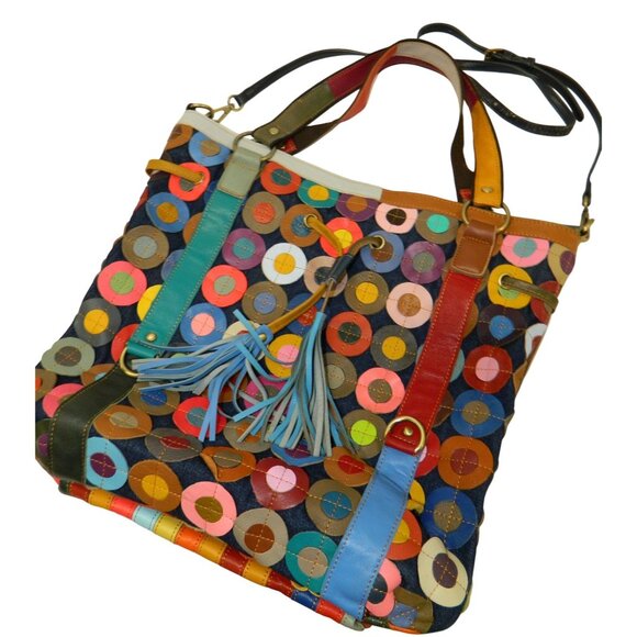 Amerileather Multicolor Lg Leather Tote Bag Colorful Patchwork Tassels Adj Strap - Picture 1 of 16